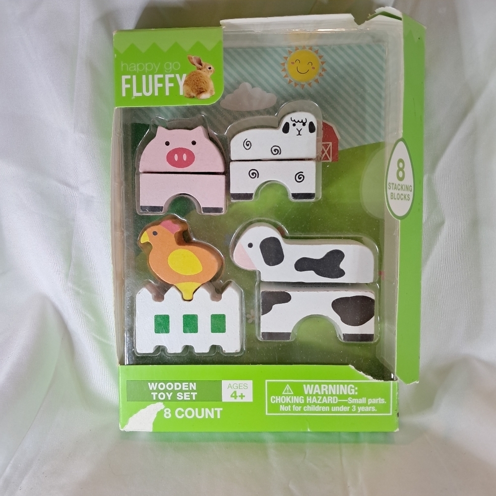 Happy go Fluffy Wooden Toy Stacking Blocks Toy, Farm Animals, 8 Blocks
